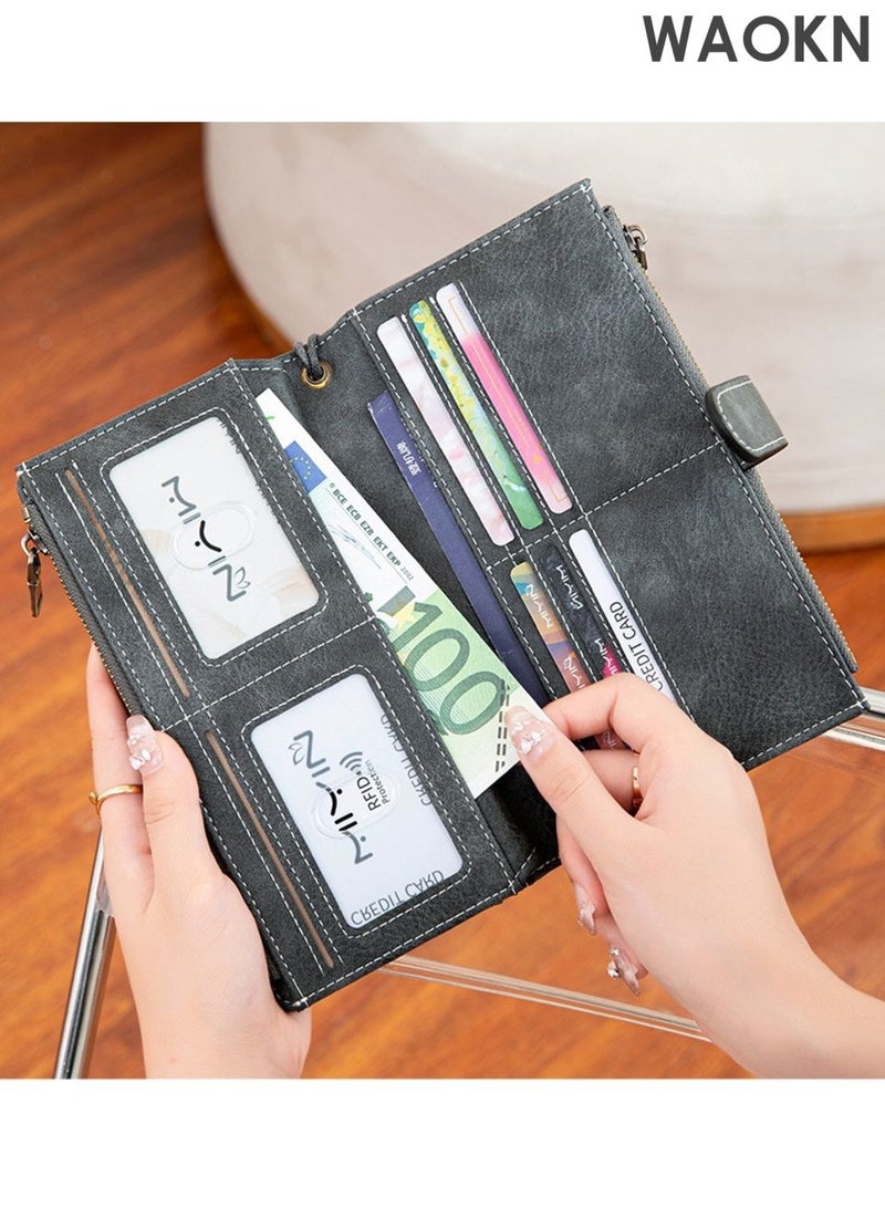 WAOKN Retro multifunctional wallet , Women and men Wallet , with RFID Blocking Large Capacity Credit Card Holder , Long Purses for Women and wmen with Wristlet Pocket ID Window , Solid color portable large capacity handbag , grey. - Image 3